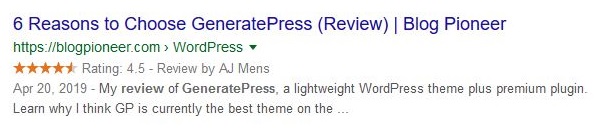 Review snippet in Google search results