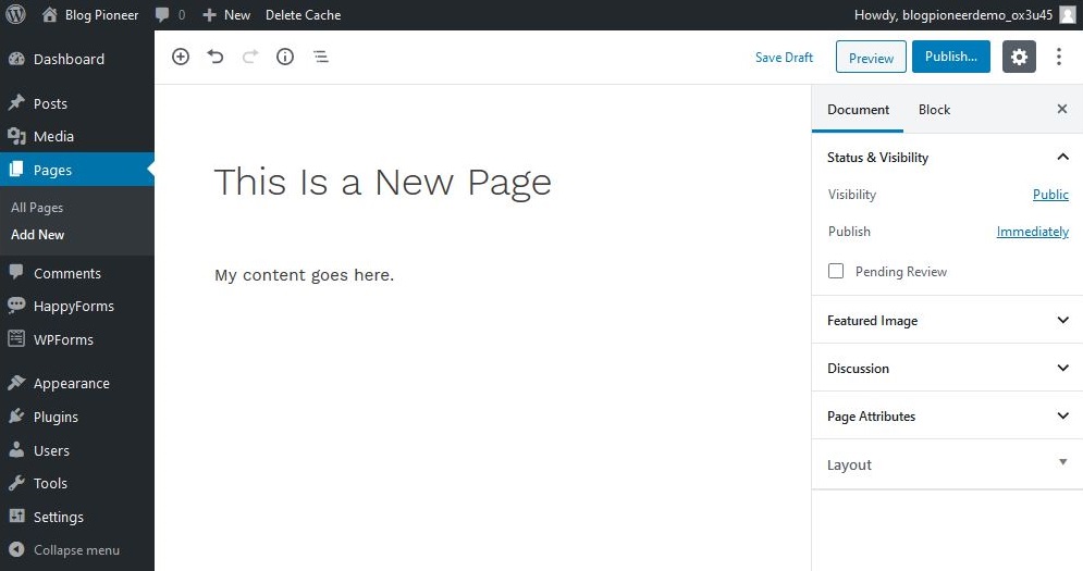 Add a new Page in WordPress
